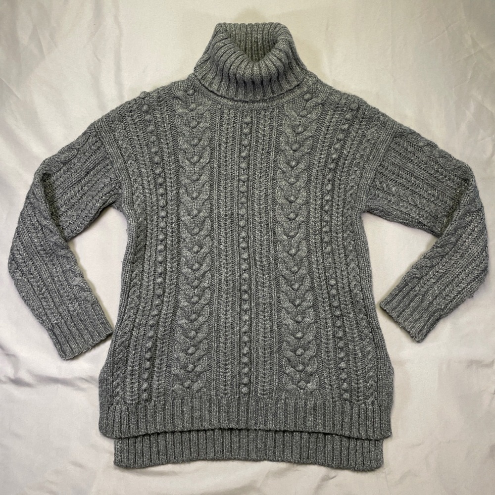 Ann Taylor Merino Wool Alpaca‎ Blend Cable Knit Bobble Turtleneck Sweater Grey L